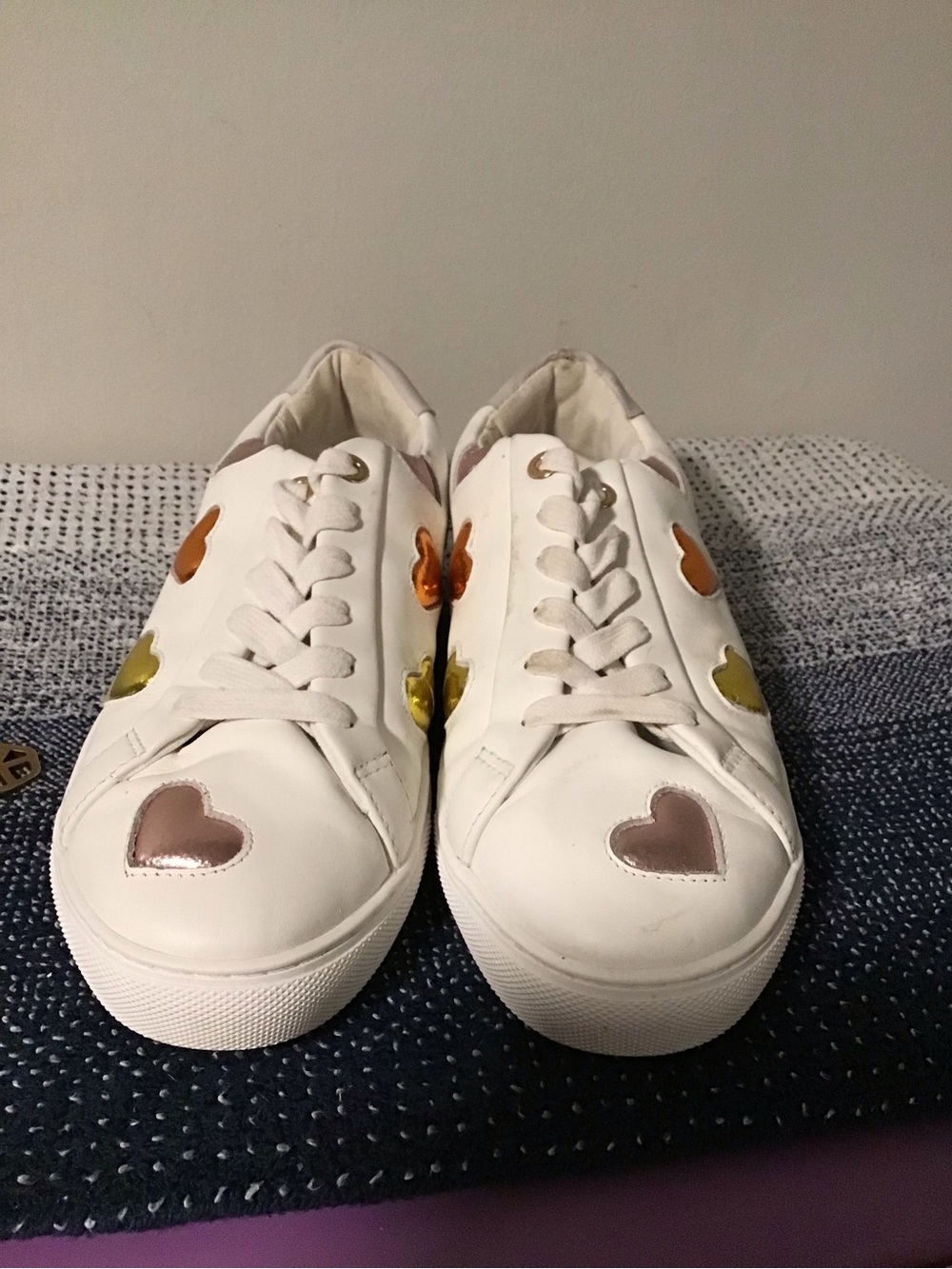 Kurt Geiger White Sneakers with Metallic Pink, Gold & Copper Hearts